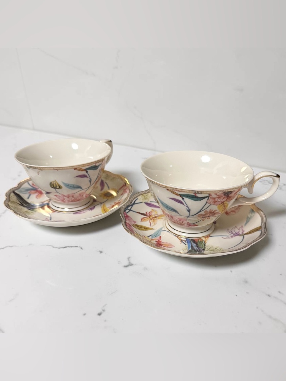 Grace’s Teaware Spring Flowers with Hummingbird Porcelain Tea Cup and Saucer Set